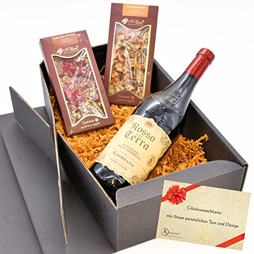 algawe Geschenkbox "Ruhe" I Geschenkkorb für Frauen und Männer I Italienischer Rotwein (0,75l) mit handgemachter Schokolade (2x85gr) von algawe