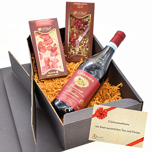 algawe Geschenkbox "Süße Verführung" I Geschenkkorb für Frauen und Männer I Italienischer Rotwein (0,75l) mit handgemachter Schokolade (2x85gr) von algawe
