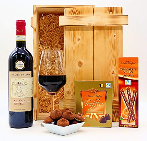 algawe Geschenkset Trüffel | Holzkiste Geschenkbox | Italienischer Rotwein 0,75l | Schokotrüffel und Sticks | Chianti Reserva von algawe