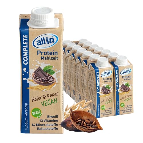 all in® COMPLETE VEGAN Protein Mahlzeit Hafer & Kakao Drink - 14x 250ml Soja Protein Trinknahrung ohne Zuckerzusatz und 17g Eiweiß | Veganes Protein Eiweißshake laktosefrei von allin