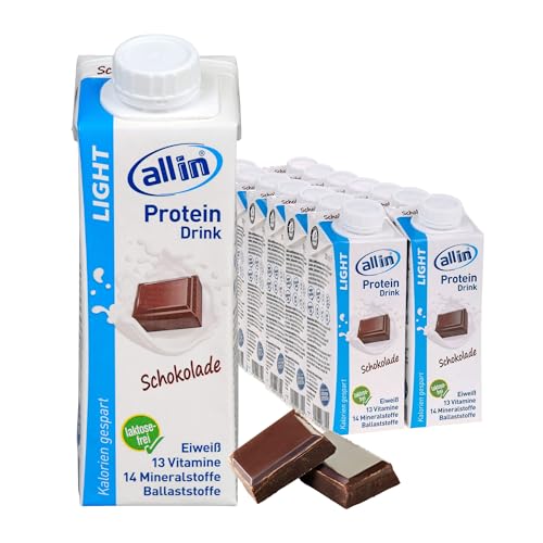 all in® LIGHT Protein Drink Schokolade 14 x 250ml - Diät Shakes zum Abnehmen mit 27 Vitaminen & Mineralstoffen, ohne Zuckerzusatz | Low Carb Lebensmittel Eiweiß Shake von allin