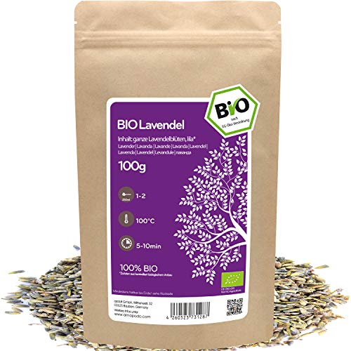amapodo Lavendel Tee Bio 100g - Lavendelblüten getrocknet - Lavendeltee - essbare Blüten - für Tea, Backen, Kochen, Duft - Lavender - Geschenke für Frauen - Lavandula angustifolia von amapodo