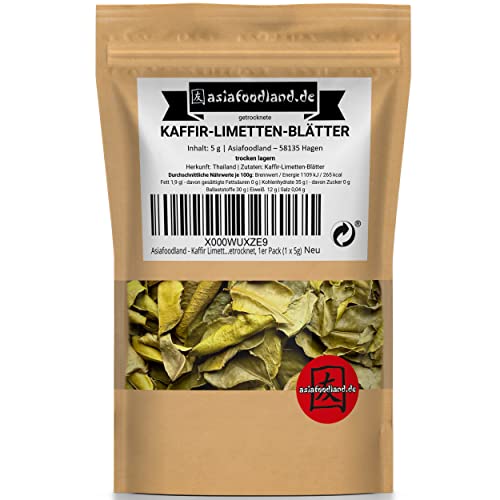 Asiafoodland - Kaffir Limetten Blätter - Kaffirlimettenblätter - Kaffir Limettenblätter bzw. Kaffernlimette - Lime Leave - getrocknet, 1er Pack (1 x 5g) von asiafoodland.de