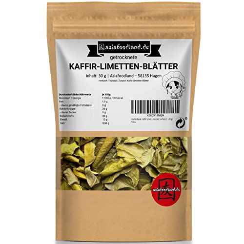 Asiafoodland - Kaffir Limetten Blätter - Kaffirlimettenblätter - Kaffir Limettenblätter bzw. Kaffernlimette - getrocknet, 1er Pack (1 x 30 g) von asiafoodland.de