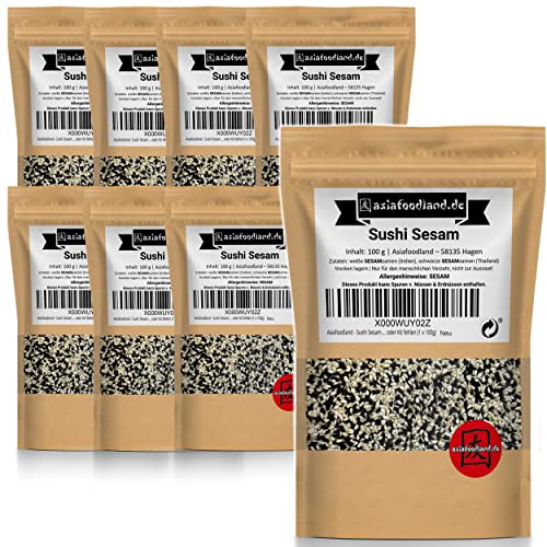 Asiafoodland - Sushi Sesam Mix - weißer und schwarzer Sesam für Inside Out und California Rolls - super als Topping und Deko - darf in keinem Set oder Kit fehlen, 8er Pack (8 x 100 g) von asiafoodland.de