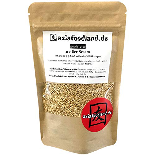 Asiafoodland - gerösteter weißer Sesam - Perfekt zum würzen, abschmecken und als Deko, 1er Pack (1 x 80g) von asiafoodland.de