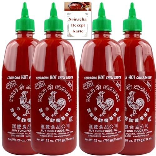 Huy Fong - 4 x Sriracha scharfe Chilisauce - Das "Original" - inkl. Asiafoodland Sriracha Sauce Rezeptkarte - als feurig leckerer Siracha Asia Saucen Dip (4 x 714ml) von asiafoodland.de