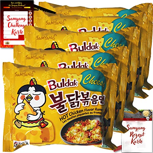 asiafoodland - Samyang Buldak Ramen Set - Cheese - scharf/cremige Nudeln aus Südkorea - mit Challenge- u. Rezeptkarte, 5er Pack (5 x 140g) von asiafoodland.de