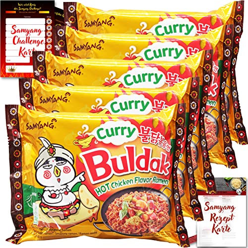 asiafoodland - Samyang Buldak Ramen Set - Curry - scharfe Nudel aus Südkorea mit indischem Touch - mit Challenge- u. Rezeptkarte, 5er Pack (5 x 140g) von asiafoodland.de