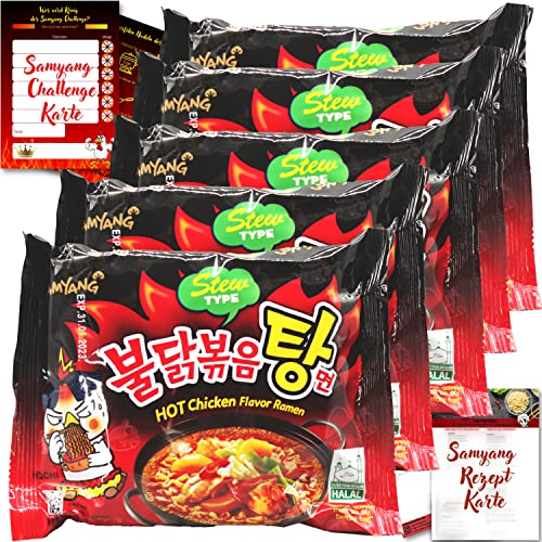 asiafoodland - Samyang Buldak Ramen Set - Stew - scharfer Ramen-Nudel Eintopf aus Südkorea - mit Challenge- u. Rezeptkarte, 5er Pack (5 x 140g) von asiafoodland.de