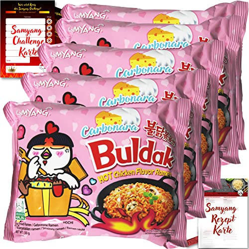 asiafoodland - Samyang Carbonara Set - Buldak Ramen aus Südkorea - scharf/cremige Nudeln - mit Challenge- u. Rezeptkarte, 5er Pack (5 x 130g) von asiafoodland.de