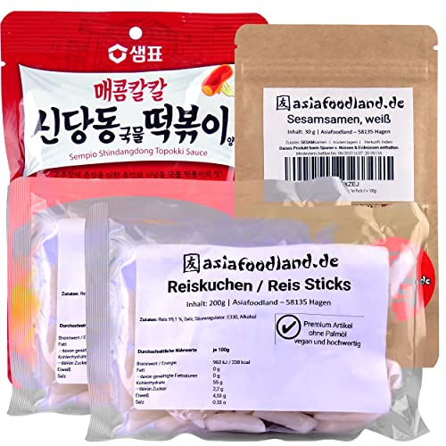asiafoodland - Tteok-bokki/Topokki Reis Kuchen Sticks Set, 2 x 200g Rice Cake Sticks, 1 x Shindangdong (red Pepper) Sauce und extra Sesam Topping, 1er Pack (1 x 610g) von asiafoodland.de