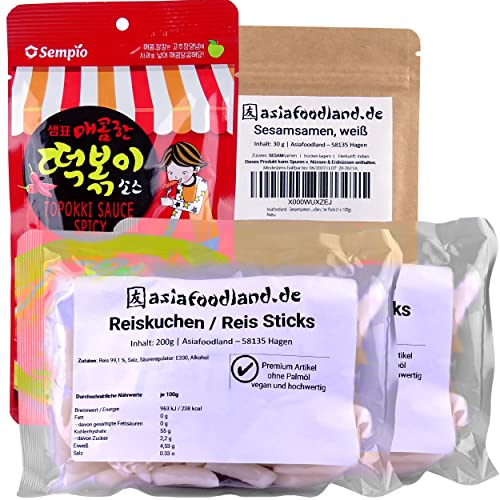 asiafoodland - Tteok-bokki/Topokki Reis Kuchen Sticks Set, 2 x 200g Rice Cake Sticks, 1 x Spicy Sauce und extra Sesam Topping, 1er Pack (1 x 580g) von asiafoodland.de
