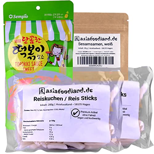 asiafoodland - Tteok-bokki/Topokki Reis Kuchen Sticks Set, 2 x 200g Rice Cake Sticks, 1 x Sweet Sauce und extra Sesam Topping, 1er Pack (1 x 580g) von asiafoodland.de