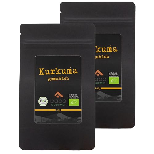 baba GOURMET - 2er Pack Original Bio Kurkuma Pulver 50 g - 100% naturrein gemahlen aus Curcuma - Reines Kurkumapulver in Premiumqualität - Gelbwurz Gewürz natürlich ohne Zusatzstoffe und Aromen von baba GOURMET