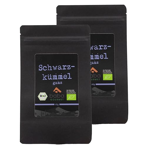 baba GOURMET - 2er Pack Original Bio Schwarzkümmel ganz 60 g - 100% naturrein für orientalische Gerichte - Schwarzkümmelsamen in Premiumqualität - Ganzer Nigella Samen ohne Zusatzstoffe und Aromen von baba GOURMET