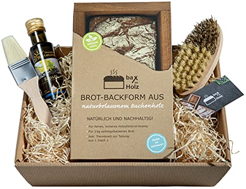 bax im Holz Geschenk Set zum Brotbacken mit Backform, Pinsel, Bürste und Rapsöl im edlen Geschenkkarton bax im Holz Geschenk Set zum Brotbacken mit Backform, Pinsel, Bürste und Rapsöl im edlen Geschenkkarton von bax im Holz