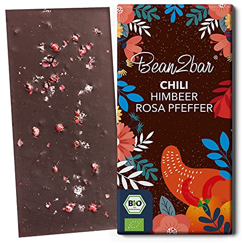 bean2bar - Bio Chili & Rosa Beere. Herbe Fairtrade-Kakao-Schokolade, leichte Chilischärfte und süße Himbeerfrucht. (1 Tafel - 75g) - VEGAN von bean2bar