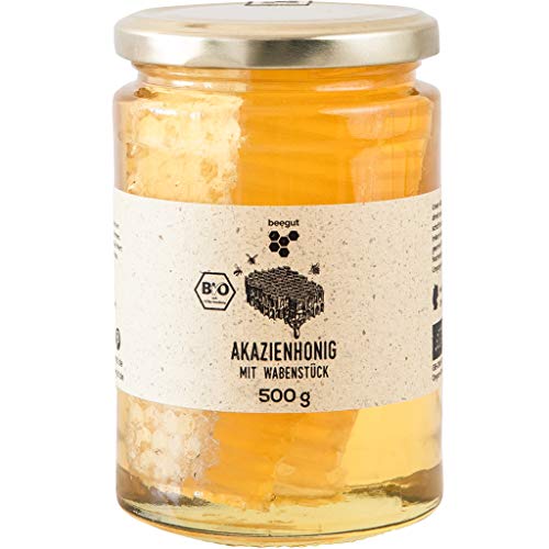 BIO Akazienhonig mit Wabenstück, 500g feinster Honig mit Honigwabe, ursprünglicher & natürlicher Honiggenuss direkt aus dem Bienenstock von beegut