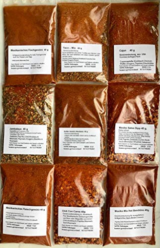 Cajun, Taco - Mix, Chili Con Carne, Mexiko Salsa Dipp extra scharf, 9 tlg. Gewürzset für die Mexikanische Küche von bennos gewuerzstand