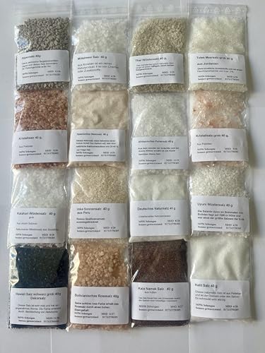 Salz Set 16 tlg, Hawaii Salz, Kala Namak, Kristallsalz, Totes Meer Salz, Halit Salz, frei von Zusätze von bennos gewuerzstand