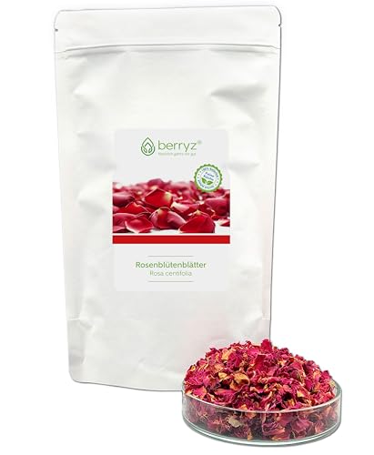 Echte Rosenblütenblätter getrocknet rot | Herrlich duftend, volles Aroma | 50g | essbare Blüten natürlich rein | Rosenblüten Tee Essblüten von berryz