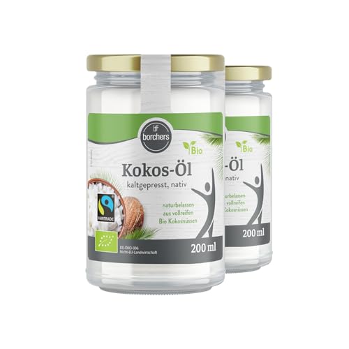 BORCHERS Kokos-Öl Bio Fairtrade 2x 200ml, kaltgepresst, nativ, als vollreifen Kokosnüssen in Bio-Qualität, 100% rein, im Glas, zum Kochen BORCHERS Kokos-Öl Bio Fairtrade 2x 200ml, kaltgepresst, nativ, als vollreifen Kokosnüssen in Bio-Qualität, 100% rein, im Glas, zum Kochen von borchers