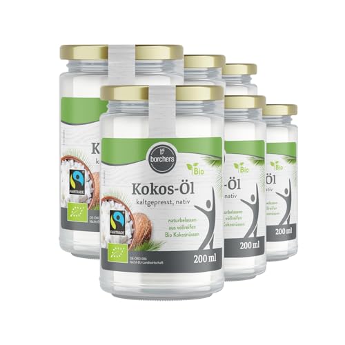 BORCHERS Kokos-Öl Bio Fairtrade 6x 200ml, kaltgepresst, nativ, als vollreifen Kokosnüssen in Bio-Qualität, 100% rein, im Glas, zum Kochen BORCHERS Kokos-Öl Bio Fairtrade 6x 200ml, kaltgepresst, nativ, als vollreifen Kokosnüssen in Bio-Qualität, 100% rein, im Glas, zum Kochen von borchers