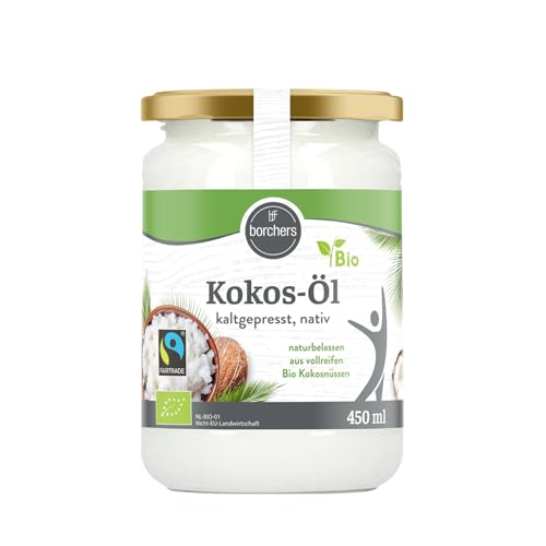 BORCHERS Kokos-Öl Bio Fairtrade 450ml, kaltgepresst, nativ, als vollreifen Kokosnüssen in Bio-Qualität, 100% rein, im Glas, zum Kochen von borchers