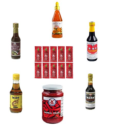 7 Saucen Set sojasauce austernsauce scharf süß soße sambal oelek sriracha sushiset chili von bick.shop