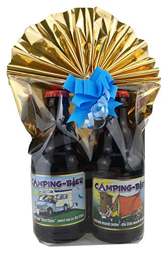 2er- Camping Biergeschenk in Geschenkfolie und Schleife verpackt (Camper&Zelt) von bierundmehr