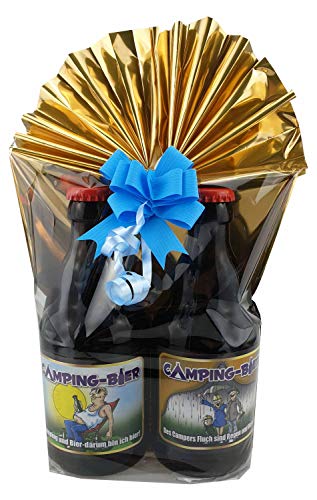 2er- Camping Biergeschenk in Geschenkfolie und Schleife verpackt (Sonne&Regen) von bierundmehr