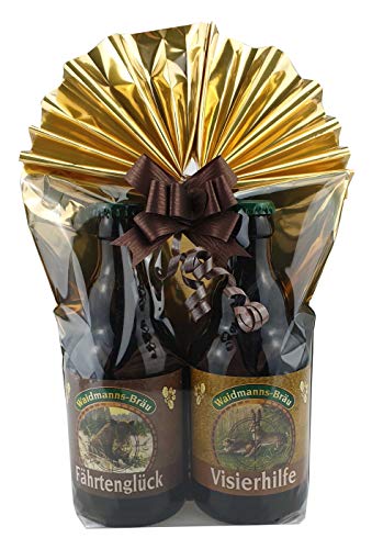 2er- Jagd Biergeschenk in Geschenkfolie und Schleife verpackt (Fährtenglück&Visierhilfe) von bierundmehr