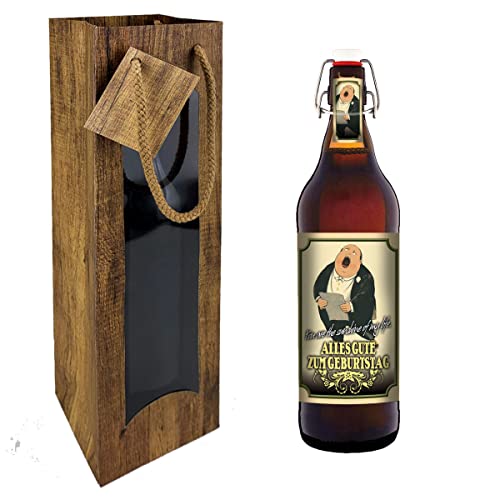 Alles Gute zum Geburtstag - 1 Liter Flasche Bier mit Bügelverschluss (mit Tragetasche im Holzdesign) von bierundmehr