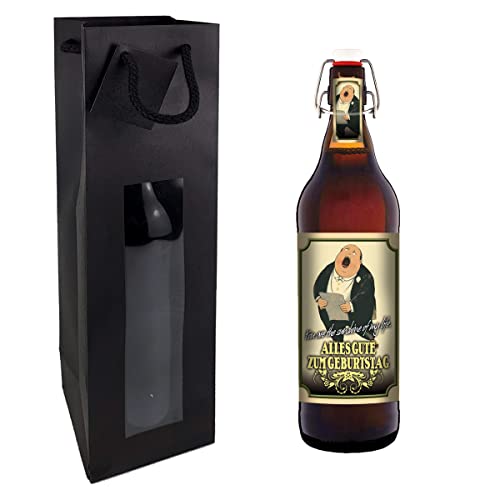 Alles Gute zum Geburtstag - 1 Liter Flasche Bier mit Bügelverschluss (mit Tragetasche in schwarz) von bierundmehr