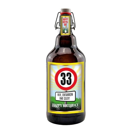 Alles Gute zum Geburtstag 2 Liter XXL-Flasche Bier mit Bügelverschluss (33 Jahre) von bierundmehr