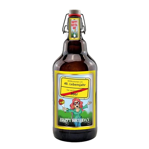 Alles Gute zum Geburtstag 2 Liter XXL-Flasche Bier mit Bügelverschluss (Willkommen 40) von bierundmehr