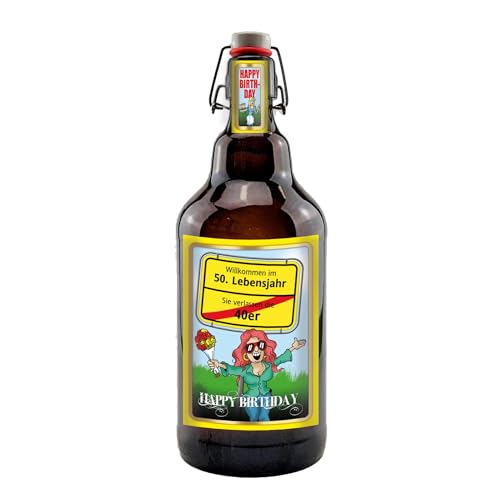 Alles Gute zum Geburtstag 2 Liter XXL-Flasche Bier mit Bügelverschluss (Willkommen 50) von bierundmehr