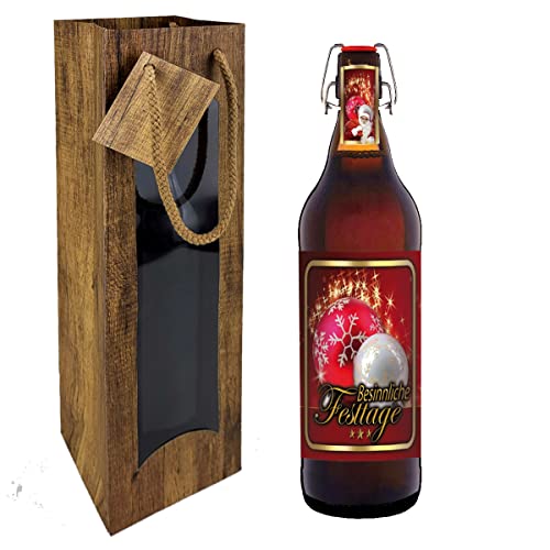 Besinnliche Festtage 1 Liter Bier Flasche mit Bügelverschluss (mit Tragetasche im Holzdesign) von bierundmehr
