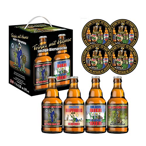 Bierwürfel Lustige Biersprüche 4X0,33l mit 4 Sammler Bierdeckel von Bierundmehr