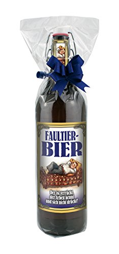 Faultier- Bier 1 Liter Flasche mit Bügelverschluss (mit Geschenkfolie & Schleife) von bierundmehr