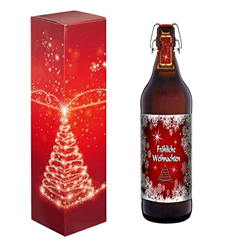 Fröhliche Weihnachten - 1 Liter Bier Flasche mit Bügelverschluss (mit Geschenkebox im Weihnachtsdesign) von bierundmehr
