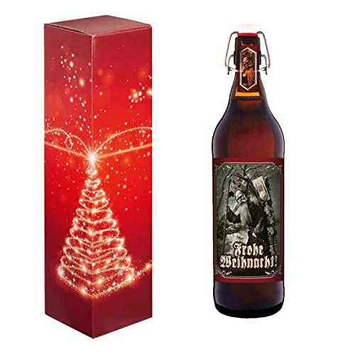 Frohe Weihnacht 1 Liter Flasche mit Bügelverschluss (mit Geschenkebox im Weihnachtsdesign) von bierundmehr