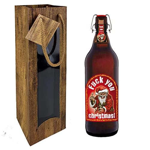 Fuck you Christmas 1 Liter Flasche mit Bügelverschluss (mit Tragetasche im Holzdesign) von bierundmehr