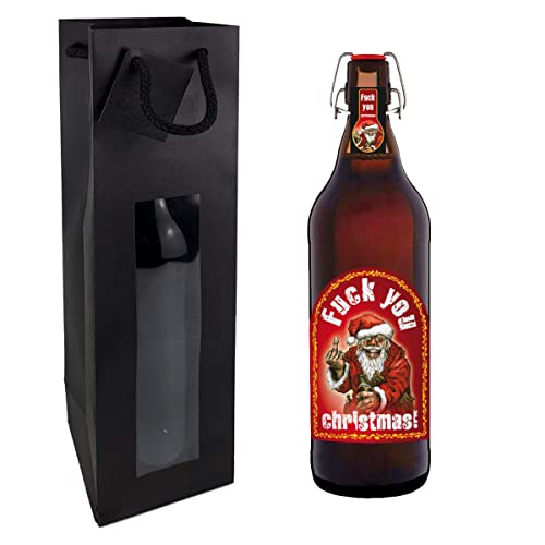 Fuck you Christmas 1 Liter Flasche mit Bügelverschluss (mit Tragetasche in schwarz) von bierundmehr