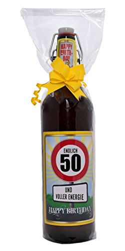 Geburtstag 50 Jahre - Herzlichen Glückwunsch - 1 Liter Flasche mit Folie und Schleife von bierundmehr