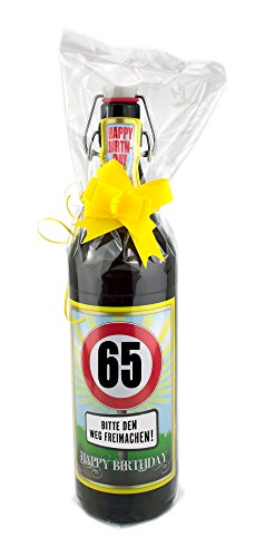 Geburtstag 65 Jahre - 1 Liter Flasche - fertig verpackt in Folie und Schleife von bierundmehr