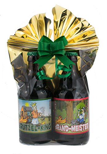 Grill-Bier 2er- Geschenkeset 2 in Folie und Schleife verpackt als Geschenk (Grill-Bier Geschenk-Set 2 (Brutzel-King + Brand-Meister)) von bierundmehr