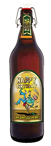 Happy Birthday 1 Liter Flasche mit Bügelverschluss (mit Geschenkfolie & Schleife) von bierundmehr