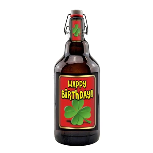 Happy Birthday Alles Gute zum Geburtstag 2 Liter XXL-Flasche Bier mit Bügelverschluss (Kleeblatt) von bierundmehr